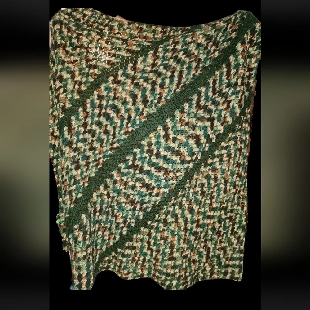 Handmade Camo‎ Crochet Blanket With 3 Green Stripes Approximately 62x62